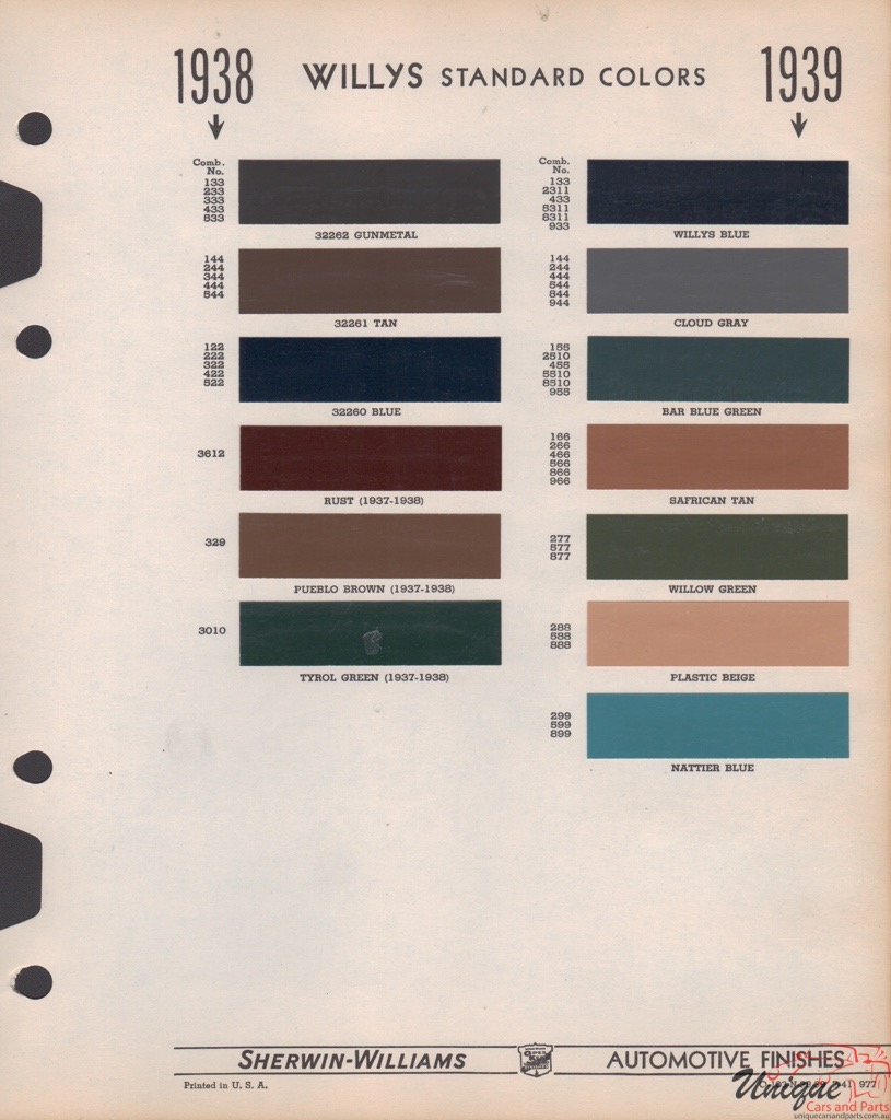1938 Willys Paint Charts Williams 1